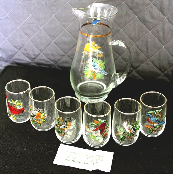 Vintage West Virginia Glass Co American Song Birds Pitcher & 6 Drinking Glasses