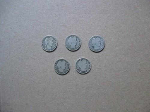 barber quarter lot of five coins 90% silver.