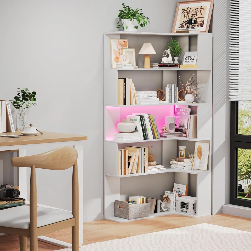 Libreria Angolare Con Barra Luminosa a LED Scaffale a 6 Ripiani 169 Cm Libreria  - Immagine 4 di 4