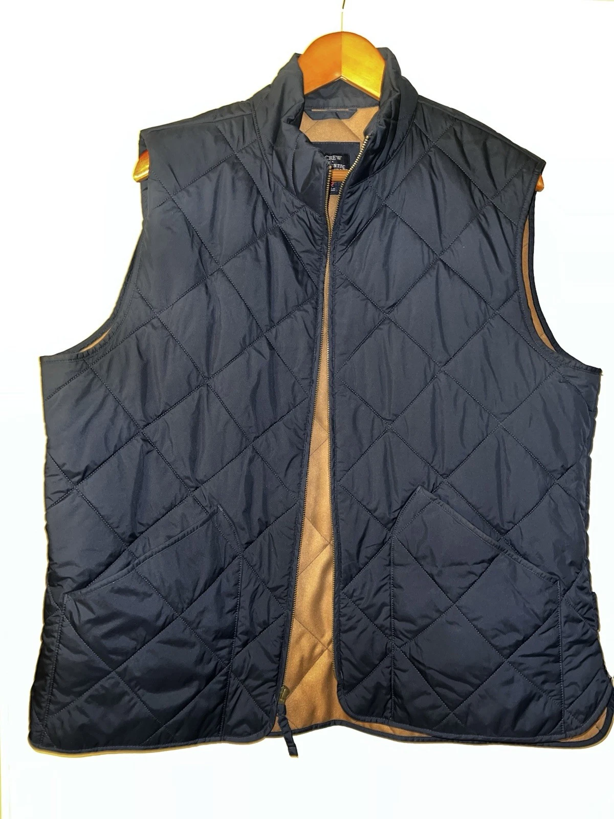 J Crew Men XL Vest Puffer Navy Tan Full Zip Quilted Pocket Authentic Outdoor EUC