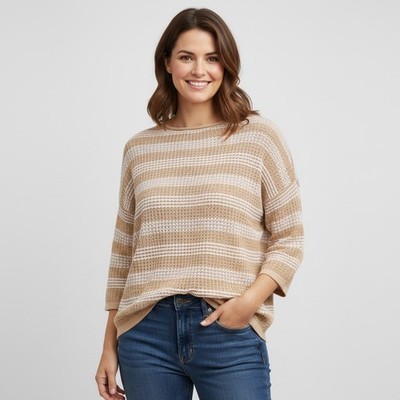 JONES NEW YORK Loose Knit Top Size XL(Relaxed Fit)/Beige-White Stripe/3/4 Sleeve
