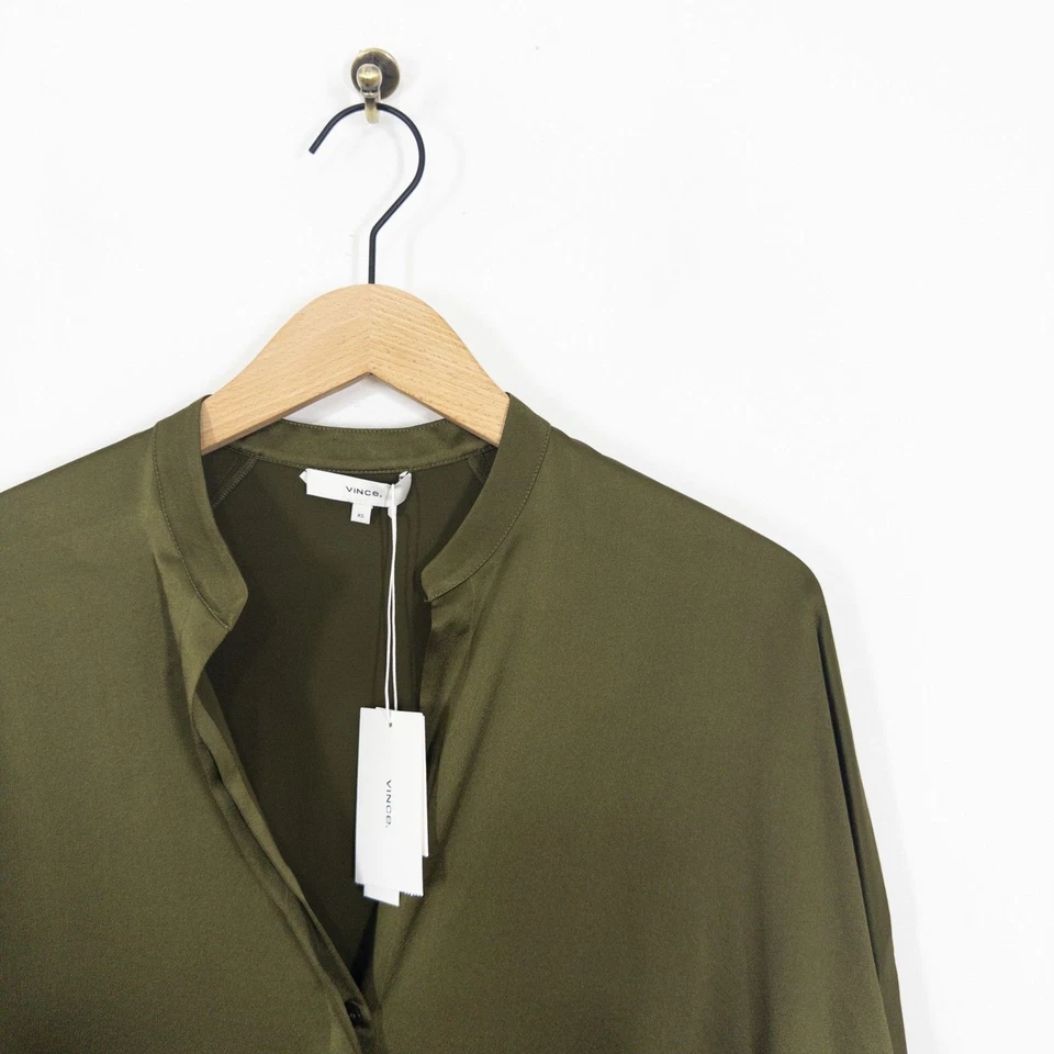 Vince Band Collar Silk Blouse Size XS NEW Olive Green Long Sleeve - Image 4 of 4