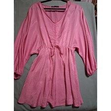 Zara Pink Satin V-Neck Dolman Sleeve Ruched Mini Dress Small Boho Barbiecore