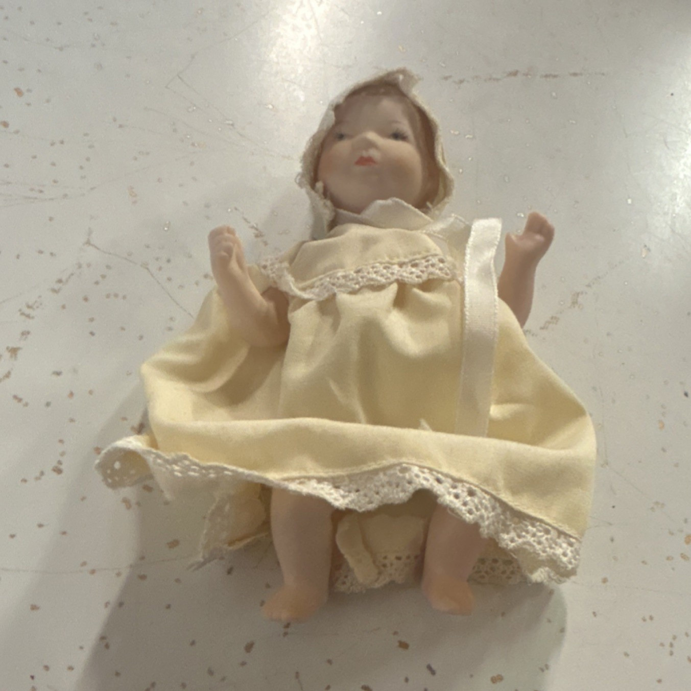 Baby Doll Light Complexion Blonde Hair Cream Yellow Lace Dress & Bonnet Outfit