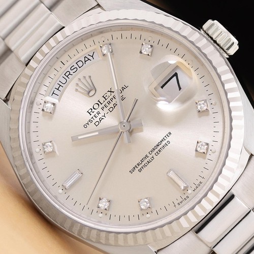 ROLEX MENS DAYDATE 18039 18K WHITE GOLD SILVER DIAMOND DIAL PRESIDENT WATCH