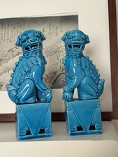 Vintage foo dogs pair Chinese guardian lions ceramic turquoise blue 10” MCM