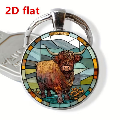 2D Flat, 1pc Scottish Highland Cow Keychain - Stained-Glass style Highland Cattl