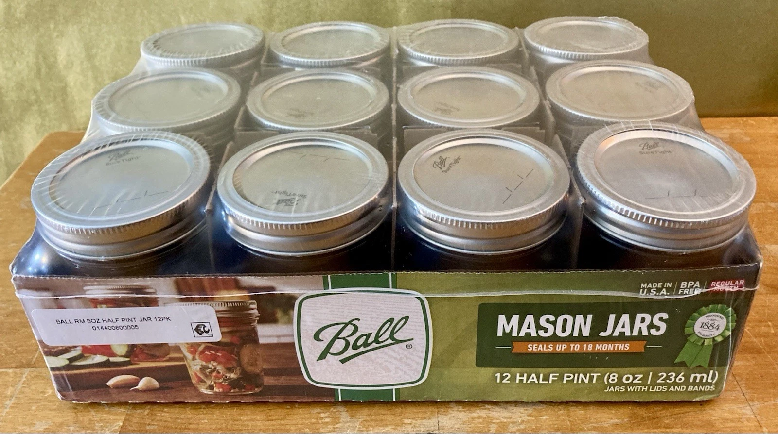 Ball Glass Mason Jars with Lids & Bands, Regular Mouth, 8 oz, 12 Pack, Half Pint