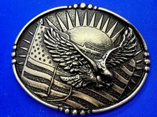 Patriotic American Flying Eagle Flag Stars Stripe Sun Silver Color Belt Buckle