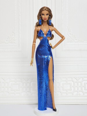 Doll Clothes Fashion Royalty Doll 12" FR2 Blue Metal Mesh Side Slit Dress  D297A | eBay
