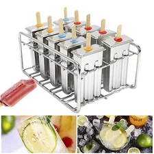 10 Pcs Stainless Steel Icelolly Mold w/ Rack Ice Pop Molds Ice Cream Stick Molds