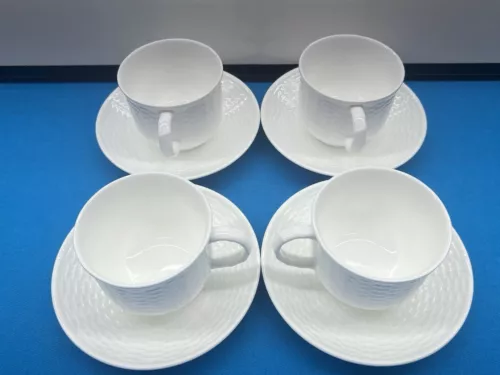 4 Wedgwood Nantucket White Embossed Basket Weave Tea Coffee Cups & Saucers
