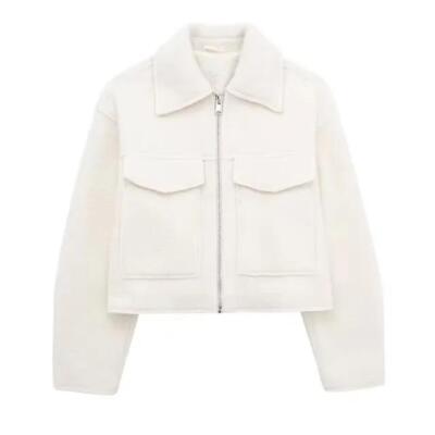 Damen Cropped Jacke mit Reißverschluss vorne & Taschen | Freizeit Umlegekragen
