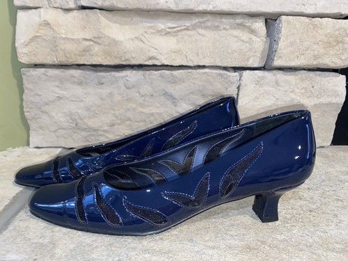 VANELI Vintage Women's Pumps Heels Navy Patent Leather Shoes Mesh Cut-outs 6N