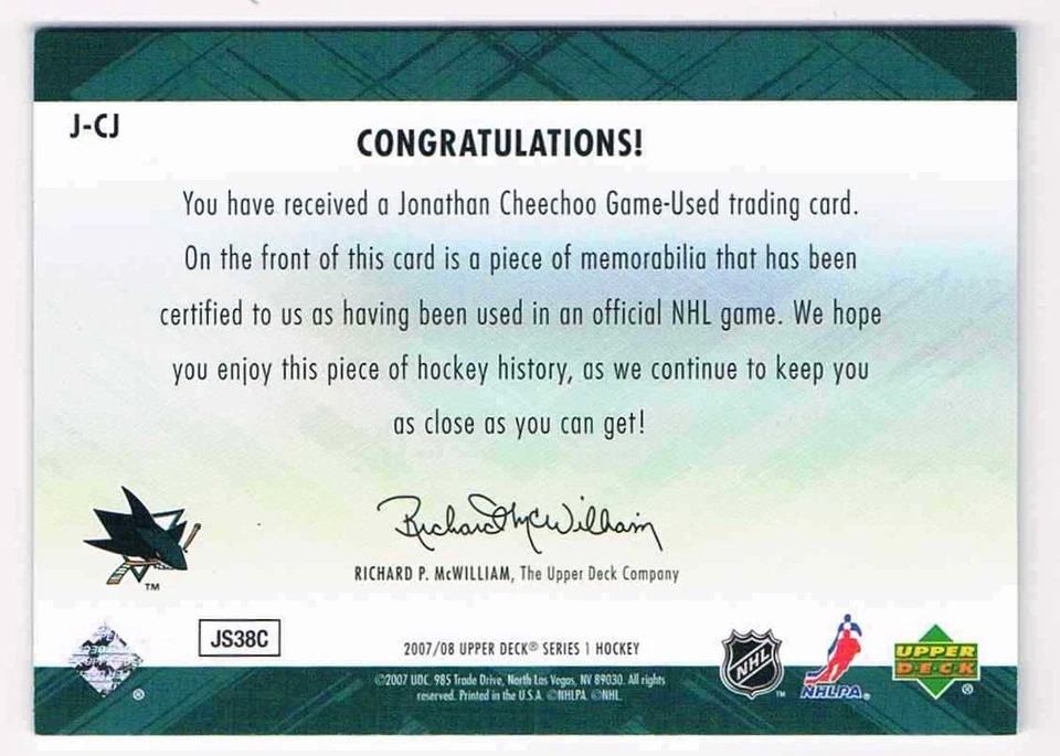 2007-08 UD GAME JERSEY JONATHAN CHEECHOO JERSEY 1 COLOR SAN JOSE SHARKS #J-CJ - Image 2 of 2