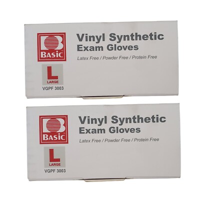 New Basic Vinyl Synthetic Exam Gloves LARGE Pack (200) VGPF 3003 Free  Shipping 855303008020|