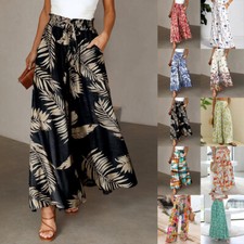 Womens Boho Floral Palazzos Culottes Elastic High Waist Wide Leg Pants Trousers