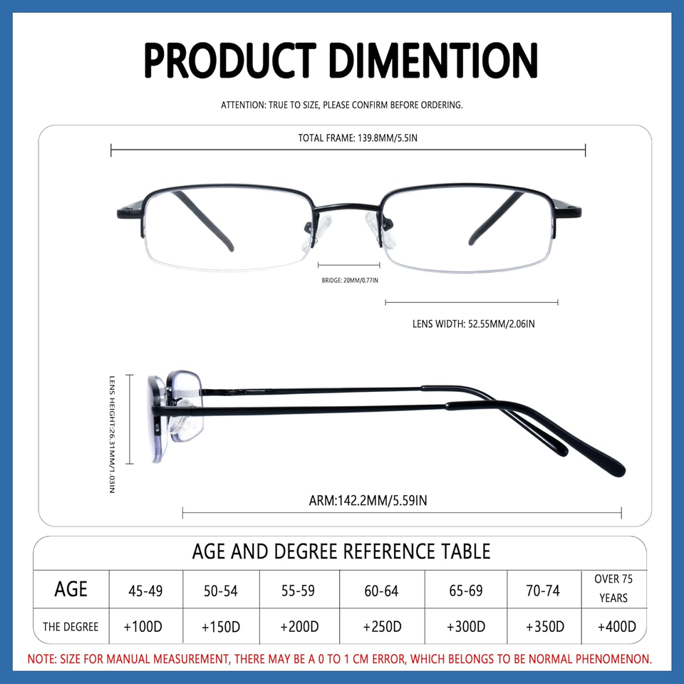 4 Pack Reading Glasses Metal Half Frame Readers for Men Women Blue