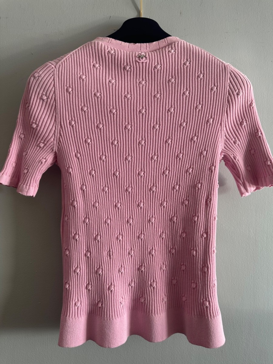 New CHANEL 25P BIG CC LOGO Pink Short Sleeve Pearls Top T Shirt 36