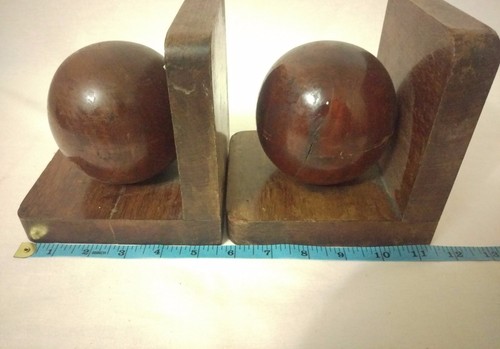 Vintage Pair Carved Wood Sphere Balls Orbs Book Ends - Picture 5 of 6