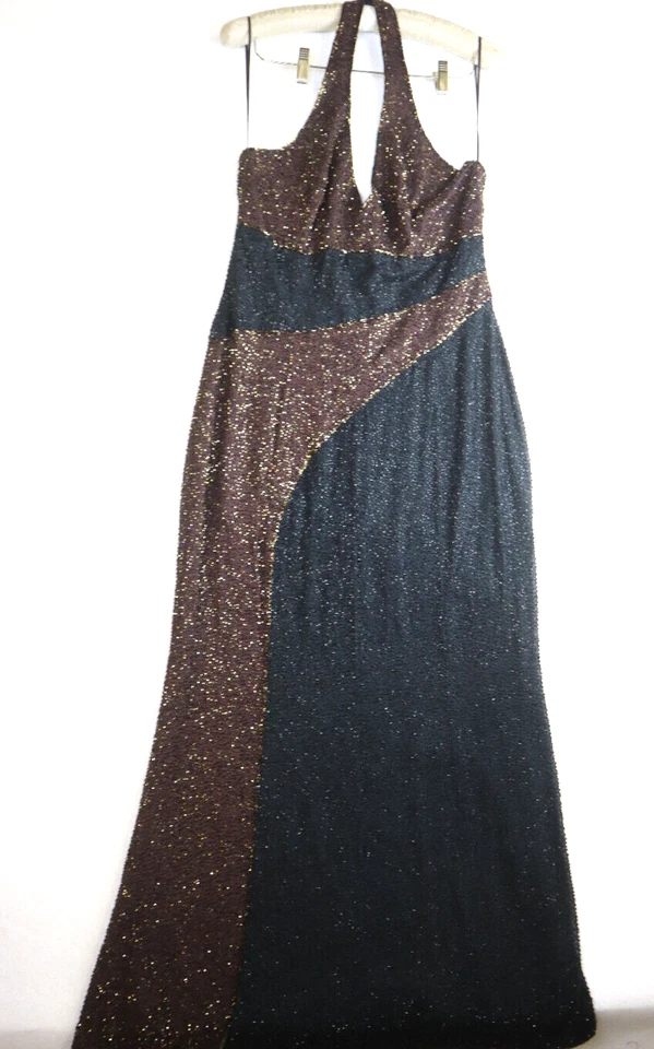 VESTIDO NEGRO TIE OLEG CASSINI SEDA TOTALMENTE CUENTAS NEGRO MARRÓN REMOLINO TOTALMENTE CUENTAS 12 Foto 2 de 4