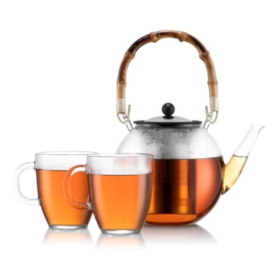NEW Bodum Assam Glass Tea Pot With Bamboo Handle S/S Filter 1L RRP