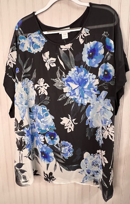 Avenue Womens TOP 26 28 Black Blue Floral Pullover Flowy Career Easy Care NEW