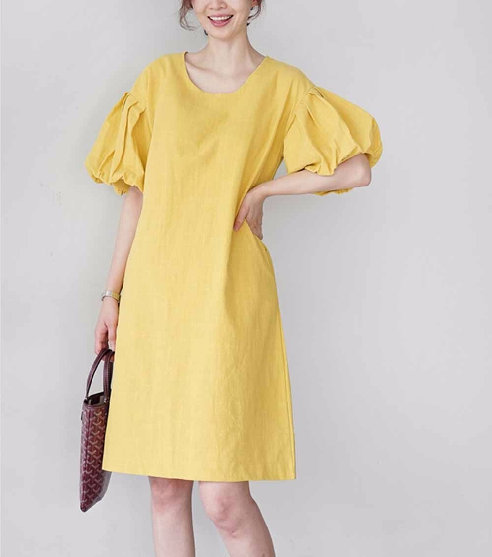 Custom Made To Order Puff-Sleeve Casual Daily Linen Shift Dress plus 1x-10x Y641 Custom Made To Order Puff-Sleeve Casual Daily Linen Shift Dress plus 1x-10x Y641