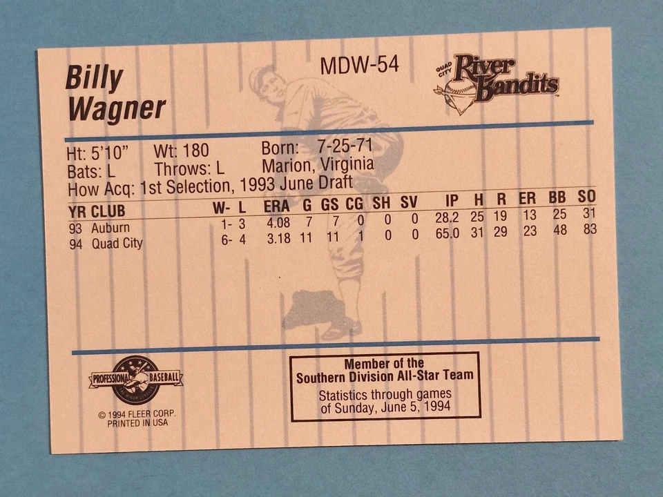 1994 Fleer ProCards RC Billy Wagner Quad City Bandits #MDW-54 ⚾ - Image 2 of 2