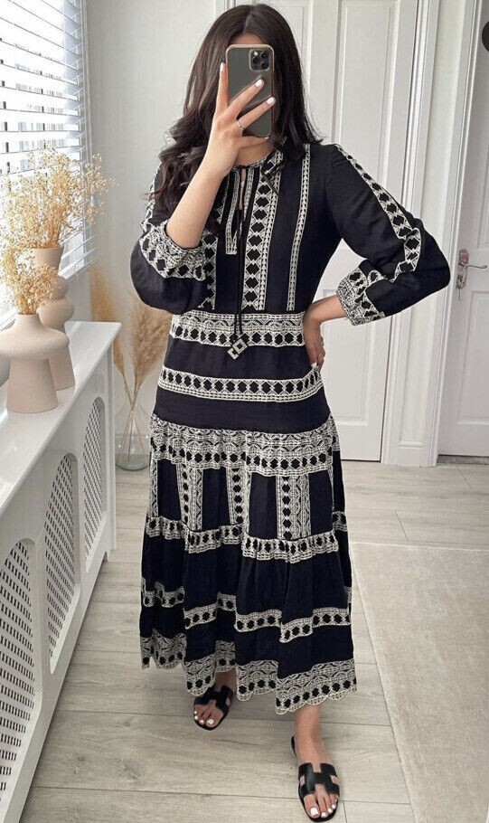 ワンピース Embroidered cotton midi dress ZARA Embroidered Dress Black Midi Cotton Boho S Misses EUC