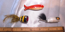 Wood Bumblebee & Plastic Vintage Popper Fishing Lures with Folk Art Wood Fish