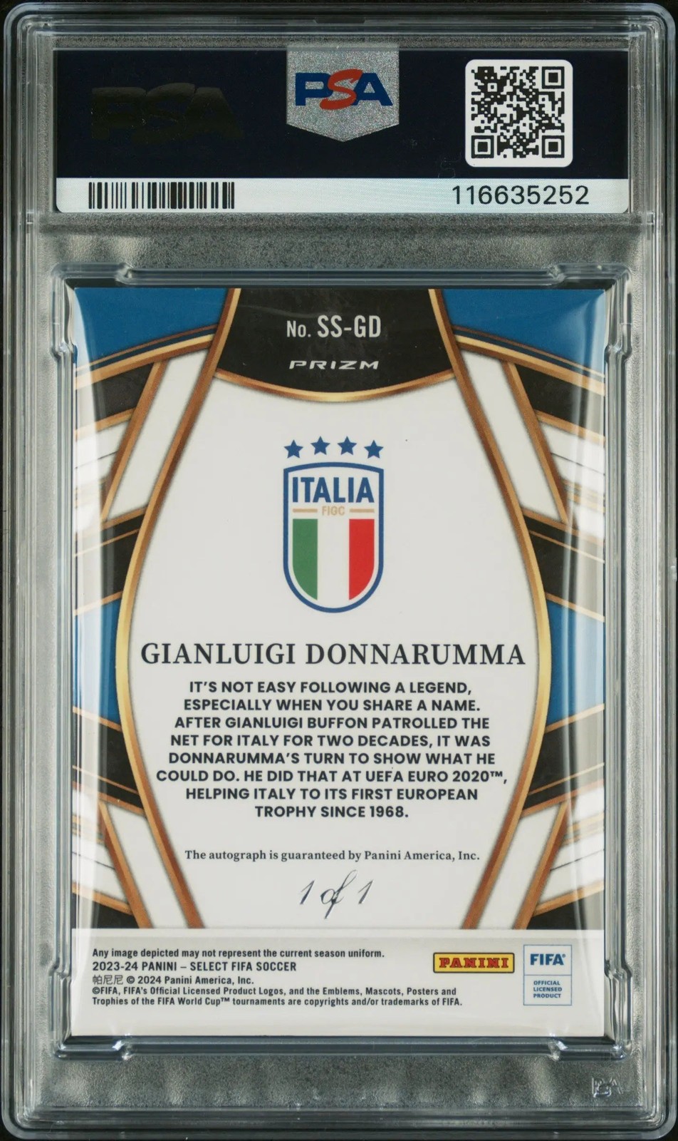 2023-24 Select FIFA Select Signatures Gianluigi Donnarumma 1/1 PSA9 Auto10 view 2
