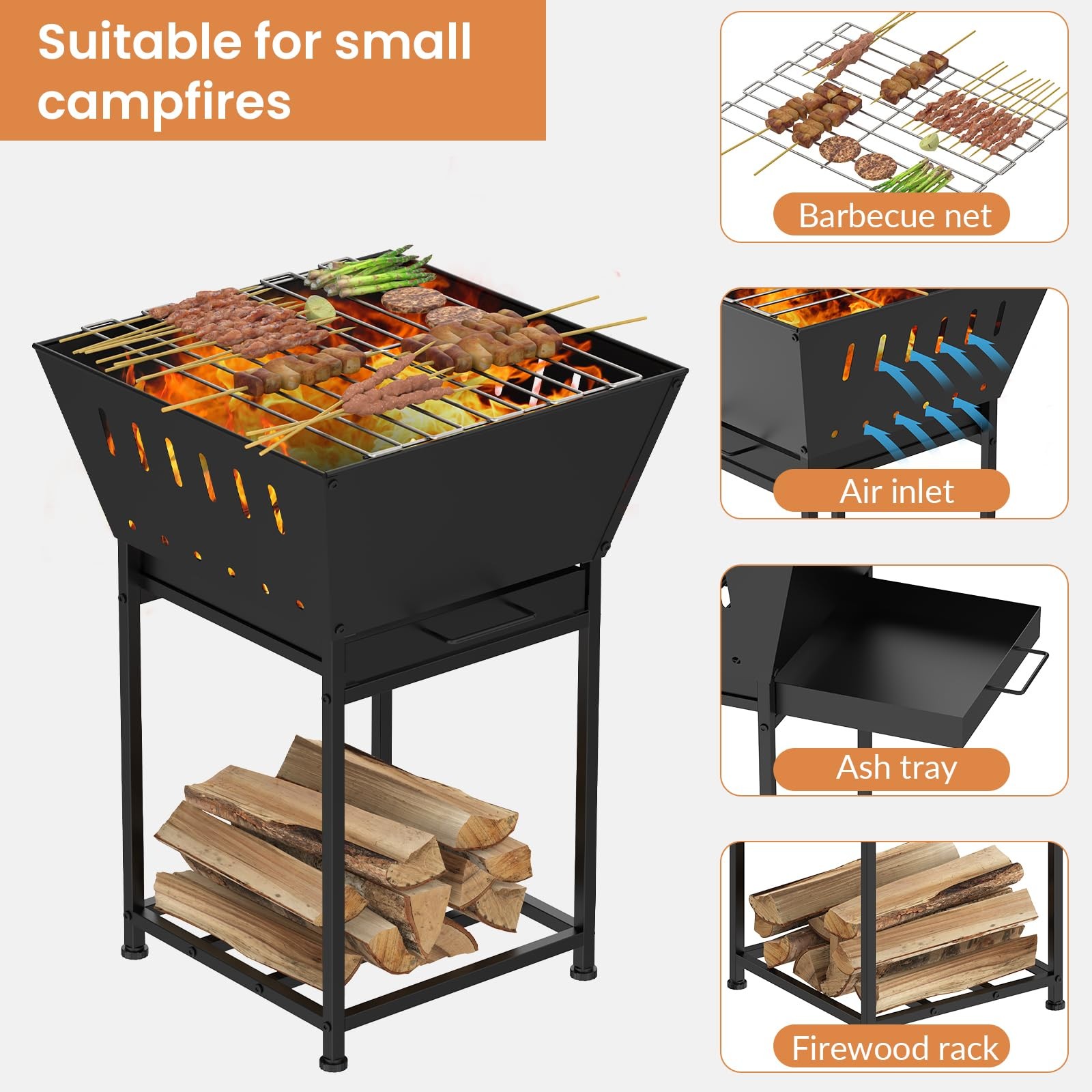 Wood Burning Fire Pit for Outside - 24 Inch Outdoor Fire Pit with Grill, 2-in...