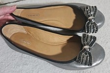 Coach Delores Ballet Flats Leather Rhinestone Beaded Bow Pewter Metallic Silver
