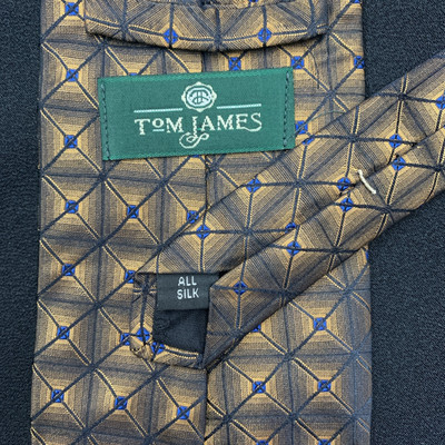 Vintage Tom James Silk Neck Tie Mens Designer Textured Blue & Copper Block Print