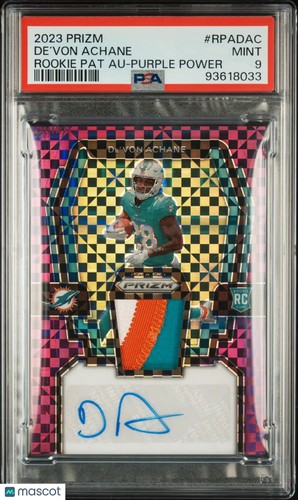 2023 Prizm Football Rookie Patch Auto De’Von Achane RC Purple Power PSA 9 /49