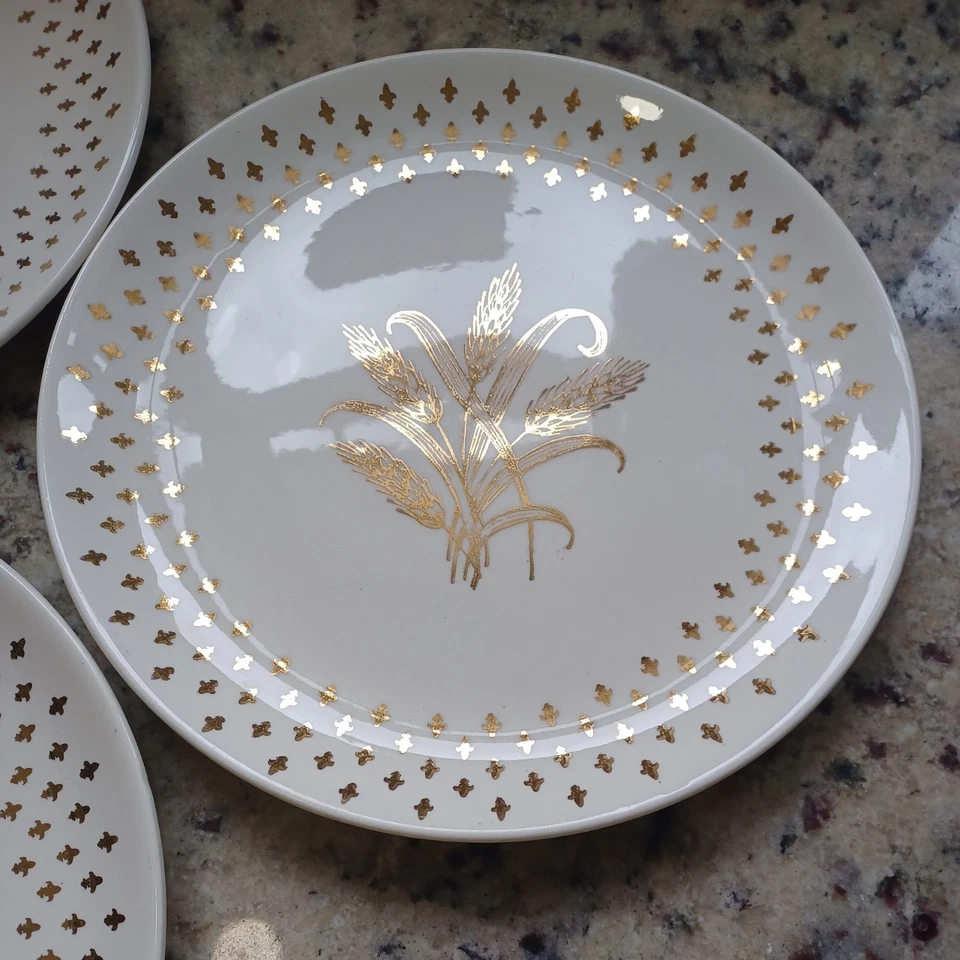 4 pratos de jantar Homer Laughlin trigo dourado Fleur De Lis MCM louça 9" - Imagem 4 de 4