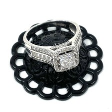 Sterling Silver Quad CZ Ring w/ Halo  Baguette Cut CZ Accents, SZ 7.75 - 3.68g