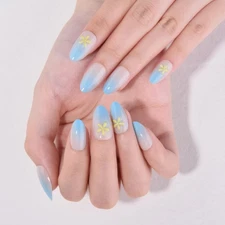 evpct Ombre Sky Blue Glossy Press on Nails Short Almond, Sky Blue Fake Nails ...