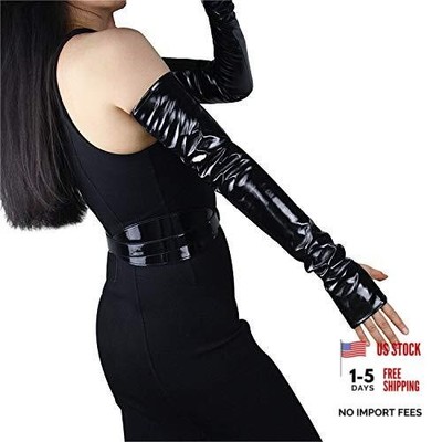  FINGERLESS GLOVES Women's MITTENS Opera Long Faux Leather Half Shiny Black