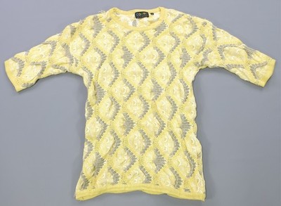 Rare VTG COOGI Crazy Pattern 3D Textured Knit Short Sleeve Sweater 90s Yellow L