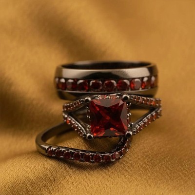 Red Garnet 18K Black Gold Over Engagement & Wedding Trio Rings Set For Unisex