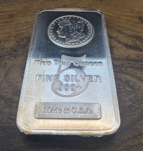 5 oz. Silver Bar - Morgan Dollar Design .999+ Fine - MADE In USA Stamp.