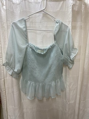 RD Style Light Blue Ruffle Puff Sleeve Square Neck Blouse Women Regular Size L