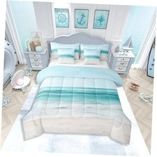Ocean Comforter Set with Sheets Size Kids Beach Theme 7 Queen Light Blue White