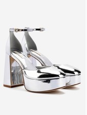  395 Larroude Ari Pump In Silver Specchio Platform Heels Ankle Strap Shoes 9