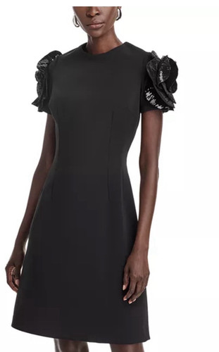 Teri Jon Women’s Black Sheath Dress Sequin Ruffle Puff Sleeve Knee Length 4