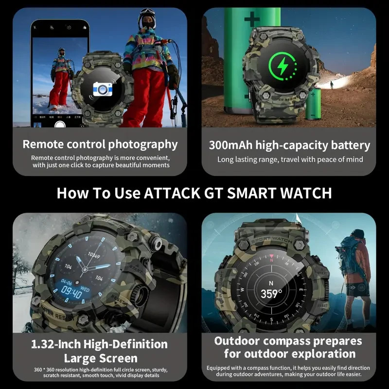 - GT Rugged Smartwatch – 100+ Sports, HD Touch, Compass, USB, Wireless Calls