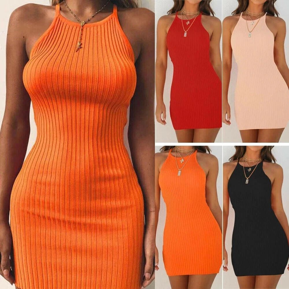 Summer Women Ribbed Bodycon Mini Dresses Ladies Strappy Clubwear Party Dress