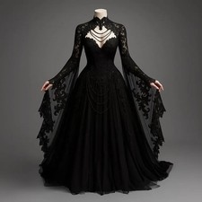 Gothic Black Wedding Dresses Long Flare Sleeves Applique High Collar VintageGown
